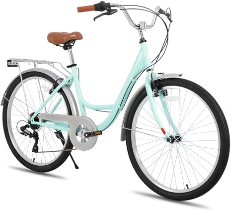 HILAND - Bicicleta Cruiser de mujer con portaequipajes y cesta, 26 pulgadas, 7 velocidades, cuadro bajo de acero, frenos en V, guardabarros integrales, ideal para paseo y ciudad