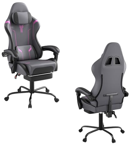 UISEBRT Silla de Gaming Ergonómica con Masaje y Reposapiés, Cómodo Asiento de Gaming Silla de Gaming con Respaldo Ajustable, Reposacabezas y Cojín Lumbar de Masaje - Gris & Negro & Violeta