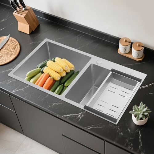 Fregadero de cocina de acero inoxidable de 80 cm, doble fregadero con escurridor y aislamiento acústico, para cocina, garaje, lavandería, juego de fregadero de acero inoxidable 304, incluye escurridor