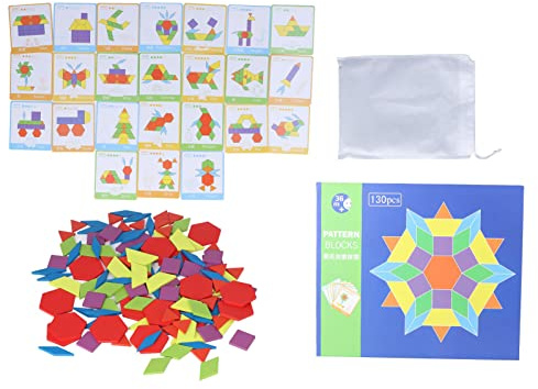 Tangram Toys Holzmuster-Blöcke-Set, leuchtende Farben, geometrische Formen, Puzzle, pädagogisches Lernspiel für Kinder im Vorschulalter, Buchenholz, 130 Teile, mit