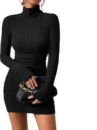 Women's Jumper Dress, Turtle Neck Long Sleeve Knit Sweater Bodycon Midi Dress, Solid Ribbed Ruched Casual Pullover Knitwear for Autumn Winter, Knee-Length Slimming Dresses for Party Club Leisure