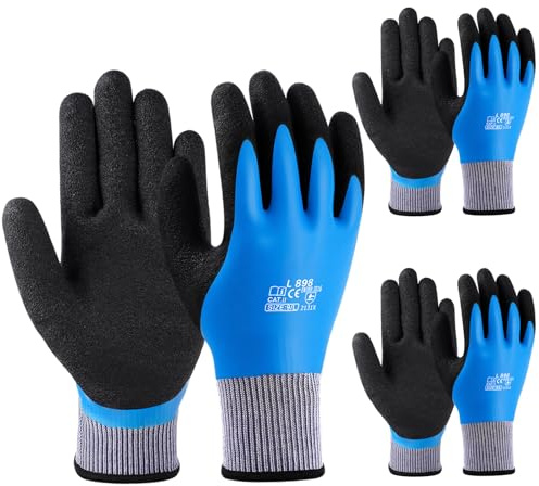flintronic 3 Pares Guantes de Trabajo para Hombres y Mujeres, Guantes Impermeables, Guantes de Securidad Nylon y Latex, Recubrimiento de Látex Doble, Súper Agarre Antideslizante, Jardinería Coches-L