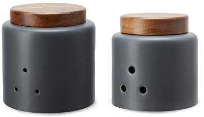 KHG Knoblauch Zwiebel Aufbewahrungsset, Keramik Steingut in Anthrazit Grau mit Holz-Deckel aus Bambus & Luftlöchern