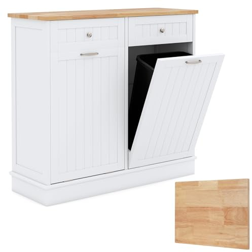 COSTWAY Meuble Cuisine avec 2 Tiroirs, Buffet Cuisine avec 2 Placards 40L, Meuble Poubelle Rangement avec Planche à Découper Amovible, pour Cuisine, Salle de Bain (100 x 33 x 90 cm,Blanc Naturel)