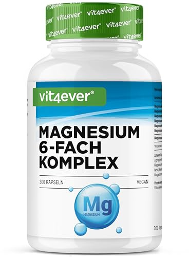 vit4ever Magnesium 6-fach Komplex - 375 mg elementares Magnesium | 300 Kapseln (100 Tage) - Mit hohem Bisglycinat-Anteil, Citrat, Malat, Ascorbat, Laktat - Laborgeprüft & vegan