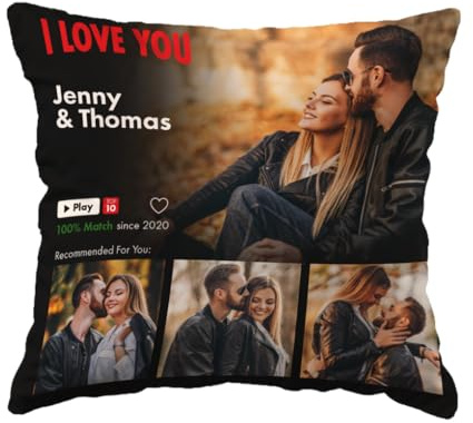 Personalisiertes Kissen mit 4 Fotos bedrucken lassen | 45x45 cm Samt | Zierkissen mit Reißverschluss + Füllung | Waschbar | individuell Fotodruck selbst gestalten | Einseitig | FILMABEND [091]