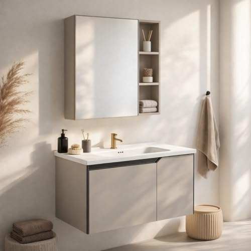REDÒKASA Mobile Bagno Sospeso 80 cm Camelia in alluminio, con 2 ante, specchio contenitore a 1 anta e lavabo in ceramica (Beige)