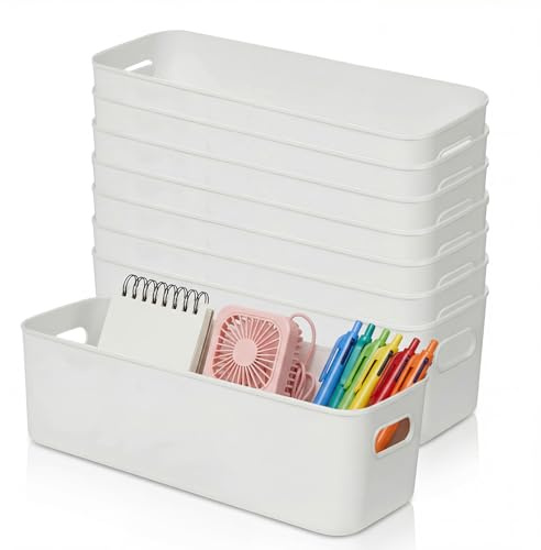 Zynaxir 8 Pack Narrow Storage Box, White Plastic Storage Boxes, Cupboard Storage Boxes, Slim Rectangular Organizer Baskets with Handles for Kitchen Bathroom Cabinet Shelves Drawers 24 x 8.5 x 9 cm