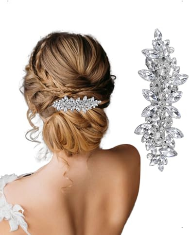 KONFEN Fermaglio per capelli con strass, Accessorio capelli da sposa argentato, Spilla gioiello cristalli scintillanti Fermaglio fiori fantasia per matrimonio sposa Damigella d'onore lunghi, Argento