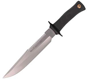 Muela Cuchillo Mirage MIRAGE-23 hoja de acero ACX-380 de 23 cm y empuñadura de goma negra para Caza, Pesca, Supervivencia y Bushcraft Realizado en Ciudad Real + Portabotellas de regalo