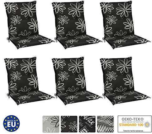 Beautissu Flores Niedriglehner Auflagen 6er Set für Gartenstühle – Sitzpolster 100x50 cm Gartenstuhlauflage Niederlehner UV-Lichtecht – Sitzkissen Outdoor in schwarz mit Blumen