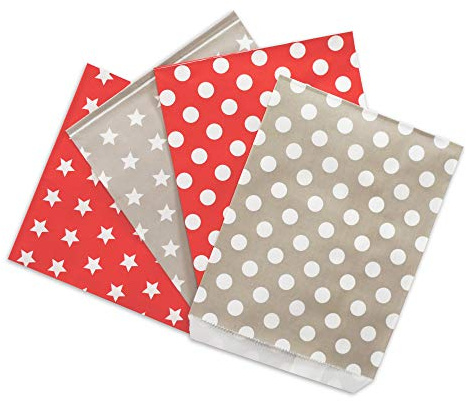 Frau WunderVoll® 100 PAPIERTÜTEN IM Set, 4x25 Stück: rot Sterne, Taupe Sterne, rot Punkte, Taupe Punkte 13x16,5cm, 45Gramm Papier, flach/Hochzeit, Papiertütchen, Mitgebseltüten