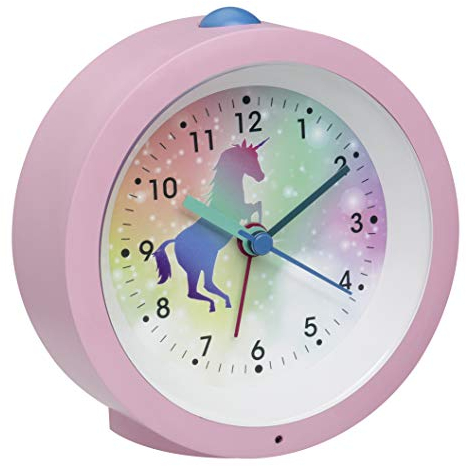 TFA Dostmann Analoger Kinder Wecker Einhorn, 60.1033.12, mit Pferdemotiv, ohne Ticken, Weckalarm und Beleuchtung, als Geschenk zur Einschulung, Geburtstag oder Weihnachten,rosa