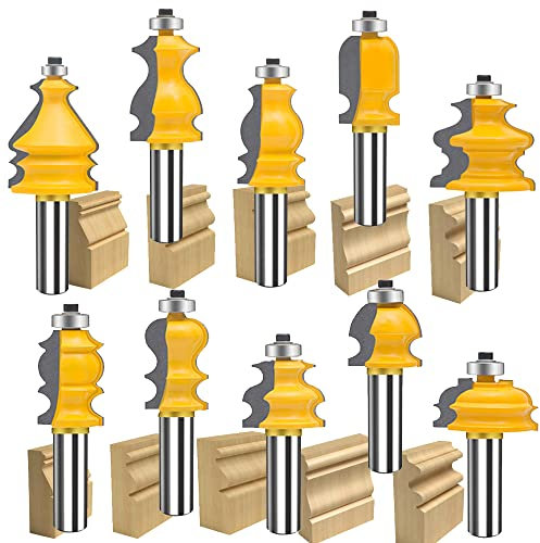 TAIWAIN 1/2 Inch Shank Router Bit 10PCS Picture Frame Molding Woodworking Tool, Architectural Forming Milling Cutter Bits, Door Cabinet Drawer Wood Miter Carbide CNC Cutting Tool (DA2-G)