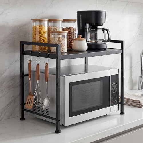 DAWNYIELD 2 Tier Extendable Microwave Oven Stand, Kitchen Storage Rack | Metal Microwave Holder with 3 Hanging Hooks, Worktop Organiser with Adjustable Shelves for Kitchen Utensils Storage