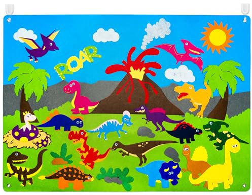 WATINC Dinosaur Felt-Board Stories Set 3.5Ft 37Pcs Preschool Dinosaurs Classification Storytelling Flannel Roar Volcano Ancient Animal Theme Early Learning Play Kit Wall Hanging Gift for Toddlers Kids