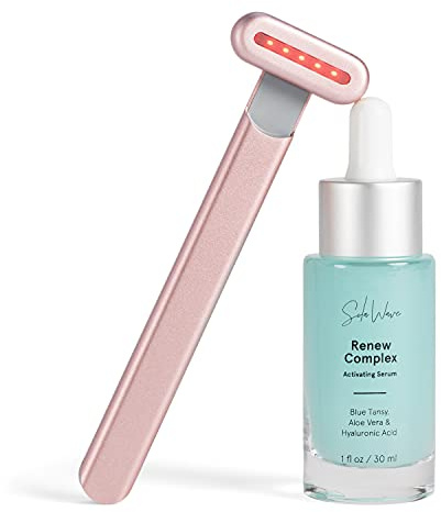 Solawave 4-in-1 Facial Wand & Renew Complex Serum Bundle | Red Light Therapy & Microcurrent Anti-Aging Device | Face Massager with Anti-Wrinkle Serum | Rose Gold