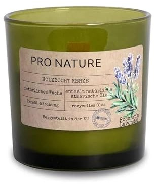 Müller Kerzen PRO NATURE Duftkerze im Glas mit Holzdocht und Rapswachs - Rosmarin & Lavendel Duft - Enthält natürliche ätherische Öle und Rapsöl - Recyceltes Glas - 1er Pack