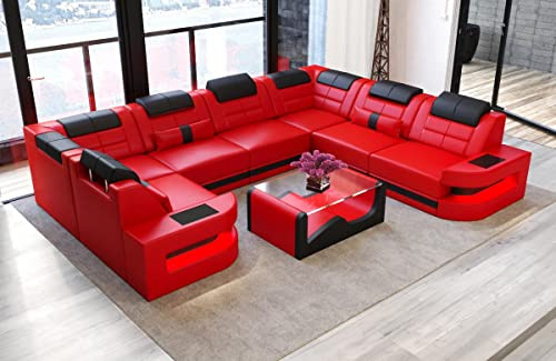 Wohnlandschaft Como U Form Ledersofa (Langer Schenkel rechts, Rot-Schwarz)