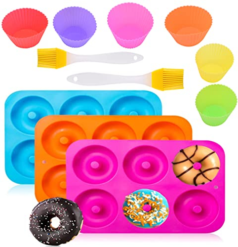 DAILINK 11 x 3 x stampo ciambella, 2 x pennello in silicone, 6 x tazza di muffin, riutilizzabile, stampo ciambelle, silicone con spazzolino, per cuocere ciambelle, muffin, bagel