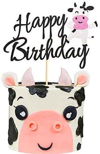 Arthsdite 1 x Kuh-Happy Birthday-Tortenaufsatz, Bauernhoftiere, Geburtstag, Kuchen, Dekorationen für Kuh-Thema, Babyparty, Kinder, Jungen, Mädchen, 1. Geburtstag – schwarzer Glitzer