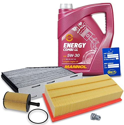 BESTPRICE Inspektionspaket Filterset mit 1x Ölfilter; 1x Luftfilter; 1x Innenraumfilter mit Aktivkohle; 1x Motoröl 5W-30 MANNOL ENERGY COMBI LL 5 l; 1x Ölablassschraube mit Dichtring
