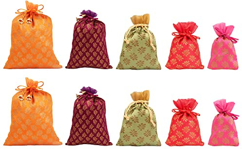 Touchstone Bolsas con cordón Tela de brocado tradicional india hecha a mano. Perfecto para regalos, bolsas de joyería, monederos Potli., Hoja de mimosa (10 piezas), Mix Sizes