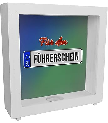 Rahmen Spardose aus Holz aus Keramik mit Spruch: Für den Führerschein mit Kennzeichenmotiv eine tolle Geschenkidee um auf den Führerschein oder das erste eigene Auto zu sparen