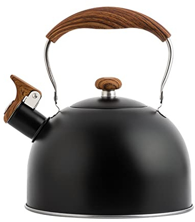 Pfeifkessel - Wasserkessel Edelstahl | 2.5L Teekessel Retro Flötenkessel Zum Wasserkochen | Vintage Wasserkocher Induktion | Flötenkessel Mit Holzgriff Für Küche Camping Gasherd