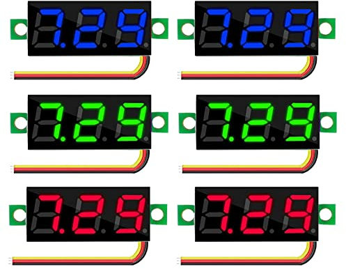 HUAZIZ 6 Pcs Mini Digital Voltmeter, DC 0,36Zoll Drei-zeilen DC Mini Digital Voltmeter, Messgerät Tester, Led-anzeige Verpolungsschutz und Genaue Druckmessung 3 Farben