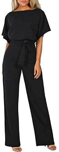 Jumpsuit Damen Elegant für Hochzeit - Hosenanzug Damen Festlich- Overall Damen Sommer Kurzarm mit Gürtelbindung Rundhals Einteiliger Hose Straight Weites Bein Playsuit Romper Jumpsuits für Frauen