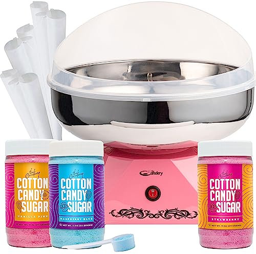 Candery Cotton Candy Machine with Stainless Steel Bowl 2.0 and Floss Pack, Use for Flossing Sugar for Birthday Parties, Trade Shows - Includes 3 Flavors of
