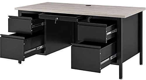 Global Industrial 60 W x 30 D x 30-1/2H Steel Teacher's Desk, Gray Top with Black Frame, Double Pedestal Desk with Center Drawer, 4 Locking Box/Box Drawers
