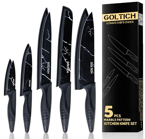 GOLTICH 5 PCs Kitchen Knife Set - Ultra Sharp Kitchen Knives with Easy Grip Handle & Sheath - Premium Quality Stainless Steel Black Knife Set - Includes Santuko, Bread, Paring, Utility & Chef Knife
