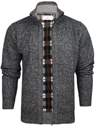 Xact Mens Zip Up Cardigan, Knitted Fleece Lined Winter Jumper, Warm Bonded Knit Jacket, Funnel Neck, Regular Fit (Charcoal Marl) M
