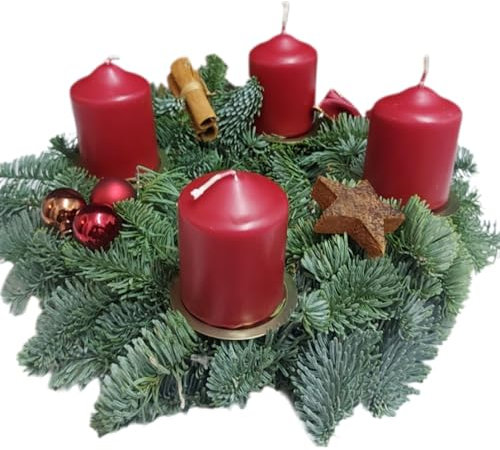 Adventskranz Ø30 bordeaux NATUR Tannenkranz Kranz frische Tanne Adventsgesteck Weihnachtsgesteck Tischdeko Weihnachtskranz Weihnachten Weihnachtsdeko geschmückt mit 4 Kerzen 30 cm (bordeaux)
