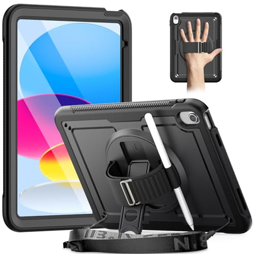 Timecity Case for iPad (A16) 11th Generation 11 inch 2025/10th Gen 10.9'' | Full-Body Drop Protection with Screen Protector, 360 Rotating Hand Strap/Kickstand,Pencil Holder, Black