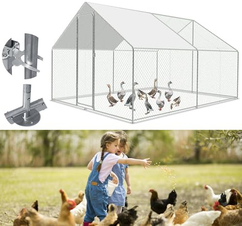 Fiqops Hühnerstall, 3x3x2m Hühnerhaus Freilaufgehege mit Sonnenschutzdach Wasserdichtes PE-Farbtuch, Verzinkter Stahl Kleintierstall Hühnerhaus Dach Geflügelstall Hühnerkäfig