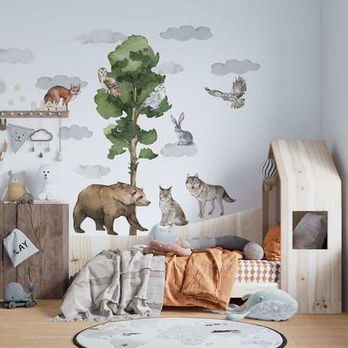 Waldtiere große Wandtattoo, Wandtattoo Hirsch, Wandtattoo Kinder, wilde Aquarell Tiere