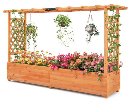 TANGZON Raised Garden Bed with Arch Trellis, Freestanding Ground Garden Planter Box, Outdoor Vertical Trough Planter Container for Vine Climbing Plant Flower Herb (Orange, 200 x 44 x 114 cm)