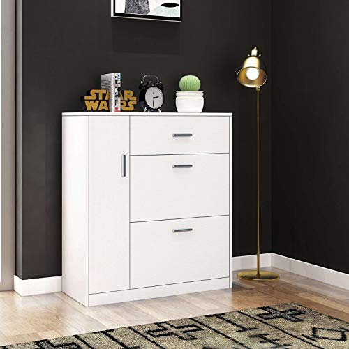Schuhschrank Schuhkipper Shoe Cabinet Schuhkommode Holz schmal hoch mit 2 Fächern 1 Tür 1 Schublade Freistehend für 20 Paar Schuhe Flur (Weiß)