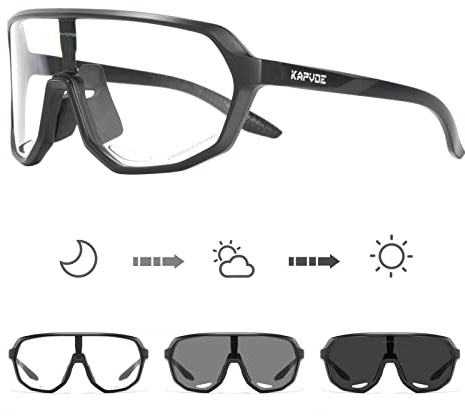 KAPVOE Selbsttönende Fahrradbrille UV400 TR90 Herren Damen K63 | Klar zu Rot photochromatisch CAT.1-CAT.2, UV400, Belüftung, leichter TR90