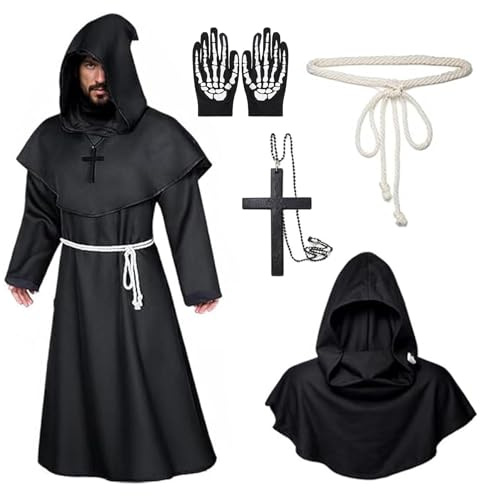 Costume da Monaco Medievale Abito Sacerdote,Costume Monaco,monaco costume,costume frate uomo,Con Cappuccio Corda In Vita E Collana A Croce,Costumi carnevale Adulti,per Halloween Carnevale Cosplay(L)
