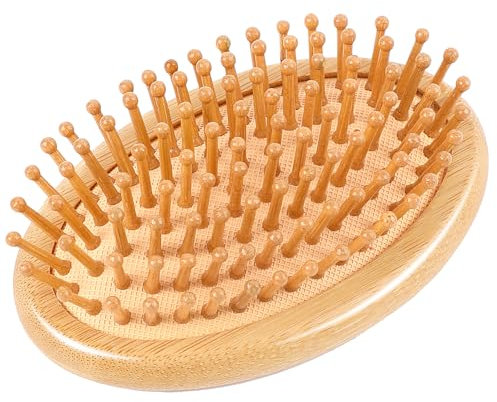 Natural Bamboo Hair Brush, Portable Travel Wooden Scalp Massager with Anti-Static Round Wood Pins Detangling Hairbrush for Women and Men's Hair Growth, No Handle Design