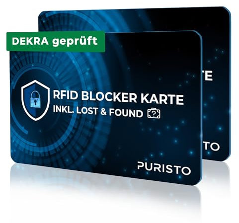 PURISTO® RFID Blocker Karte (2er Set) - DEKRA geprüft - 2in1 inkl. Lost & Found Service - NFC Schutz für Kreditkarten, EC Karten & Ausweise - Ultra-dünner Data Blocker - Portemonnaie RFID-Blocker