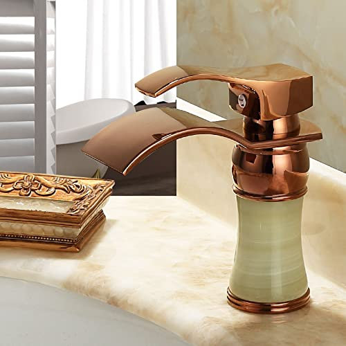 CCKUHN All Copper Natural Jade Undercounter Basin Hot and Cold Gold Faucet Waterfall Countertop Basin Gilded Faucet