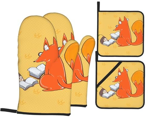 YYHHAOFA Set di quattro pezzi da cucina con motivo semi di girasole e volpi, guanto da forno isolato e presine, spessi e resistenti