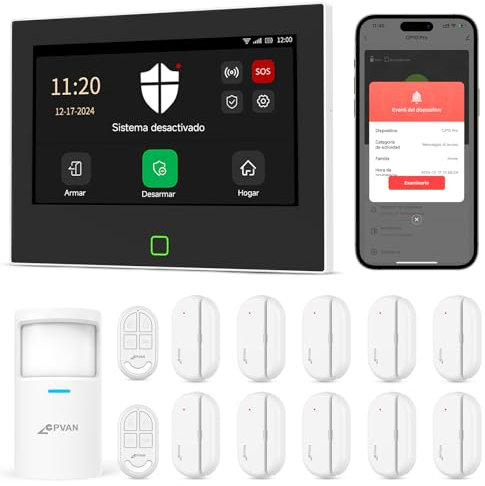 CPVAN GSM + WiFi Allarme Casa Senza Fili con 7” Touch Screen, Sistema di Sicurezza Domestica con Allarme APP/SMS/Telefonico, 110dB Host, Rilevatore di Movimento, Sensori Porta/Finestra, Telecomandi