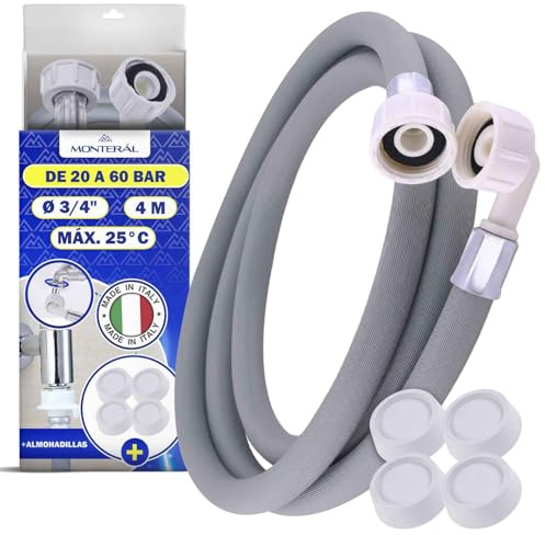 Tuyau Machine à Laver et Lave Vaisselle 4 m pour Arrivee Deau 25°C de 20 à 60 Bar Connexion est Droite et Coudée Ø 3/4 - Complet 4 Patin Anti Vibration Machine à Laver - MADE IN ITALY - MONTERAL