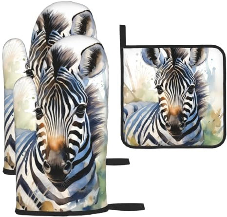 3 pcs Oven Mitts and Pot Holders Set Cute Zebra Watercolor Oven Mitt Heat Resistant Oven Gloves for Cooking Non-Slip Hot Pads Washable Cooking Gloves for Baking BBQ Microwave